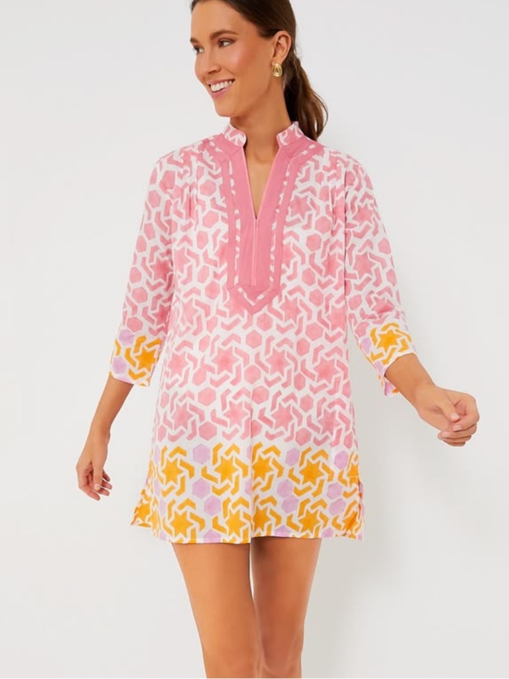 Ro's Garden Geometric Print Tunic Mini Dress Cotton Yellow Pink XS